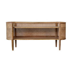 Larissa Curved Shelving Unit | Solid Mango Wood | Oak Finish | Rattan Detail