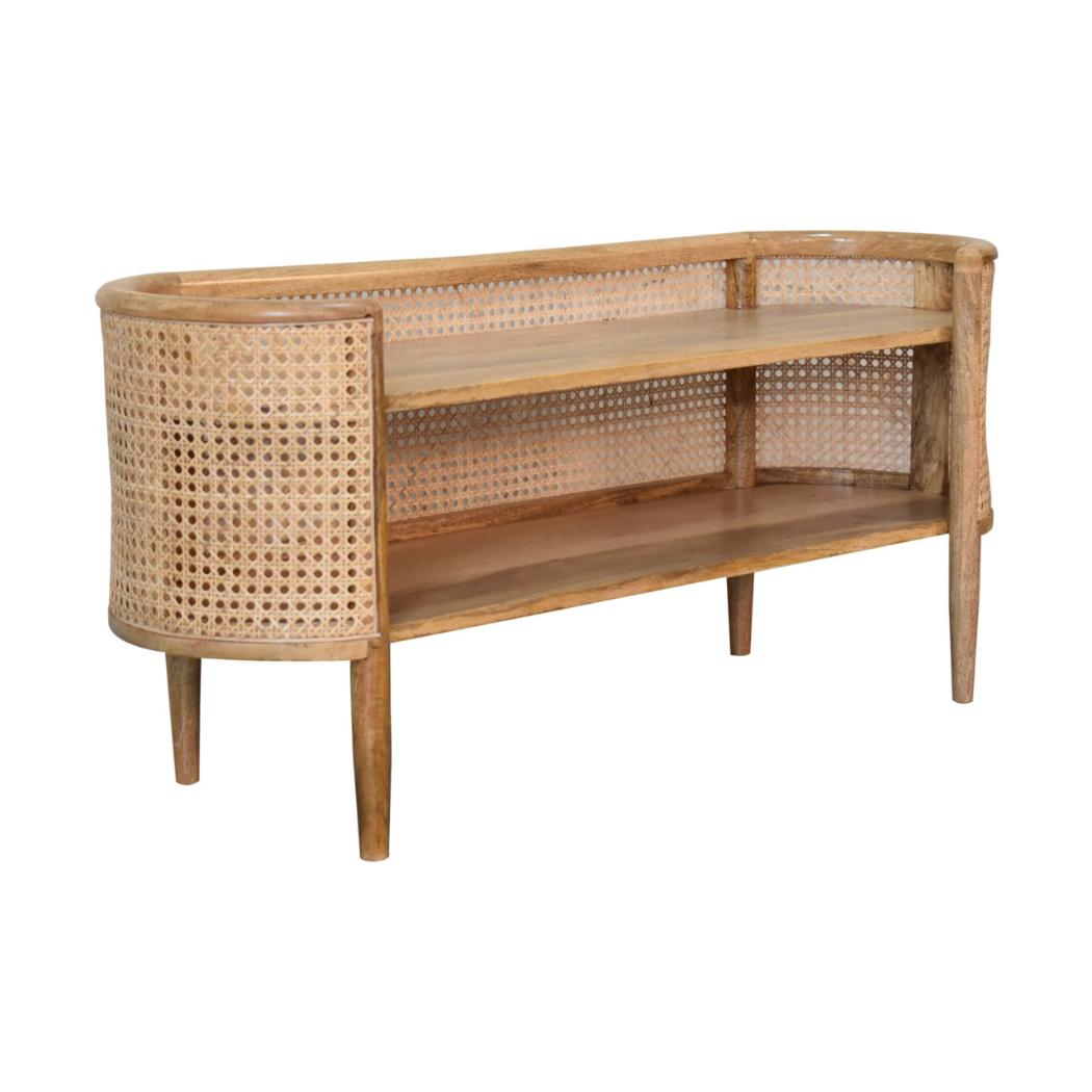 Larissa Curved Shelving Unit | Solid Mango Wood | Oak Finish | Rattan Detail