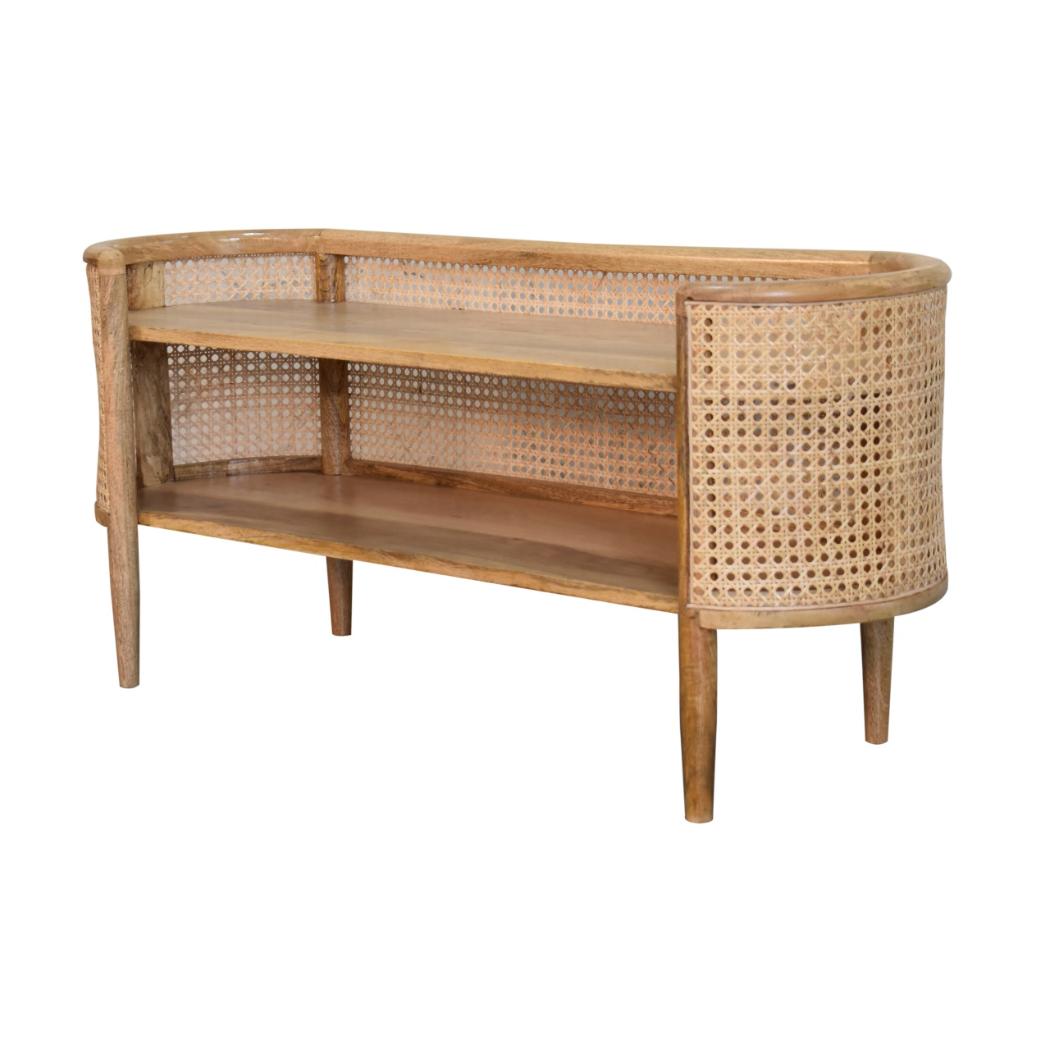 Larissa Curved Shelving Unit | Solid Mango Wood | Oak Finish | Rattan Detail