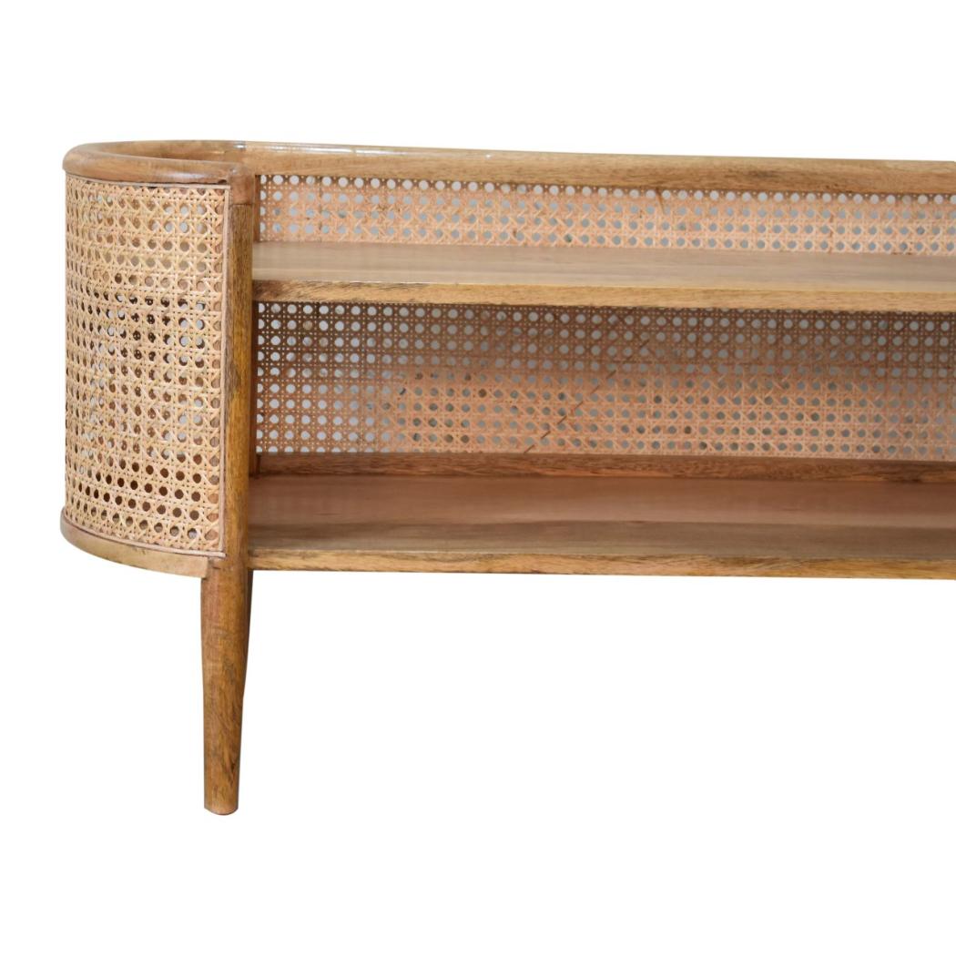 Larissa Curved Shelving Unit | Solid Mango Wood | Oak Finish | Rattan Detail