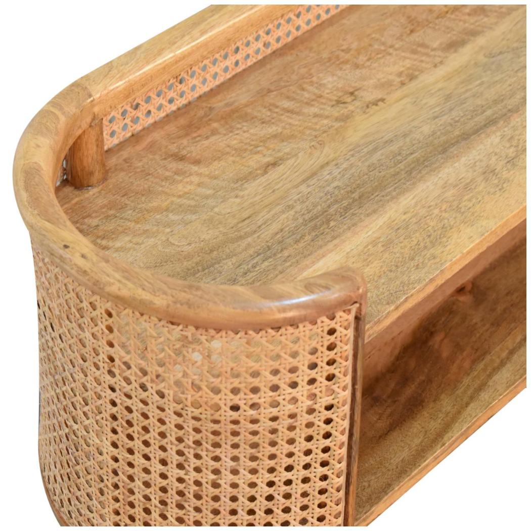 Larissa Curved Shelving Unit | Solid Mango Wood | Oak Finish | Rattan Detail