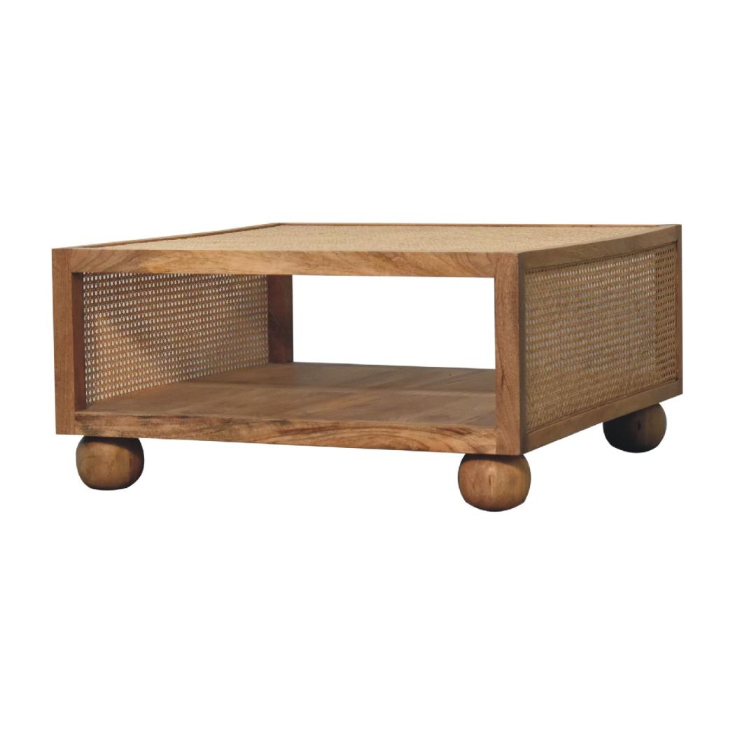 Larissa Large Rattan Coffee Table | Solid Mango Wood | Oak Finish | Open Shelf Coffee Table