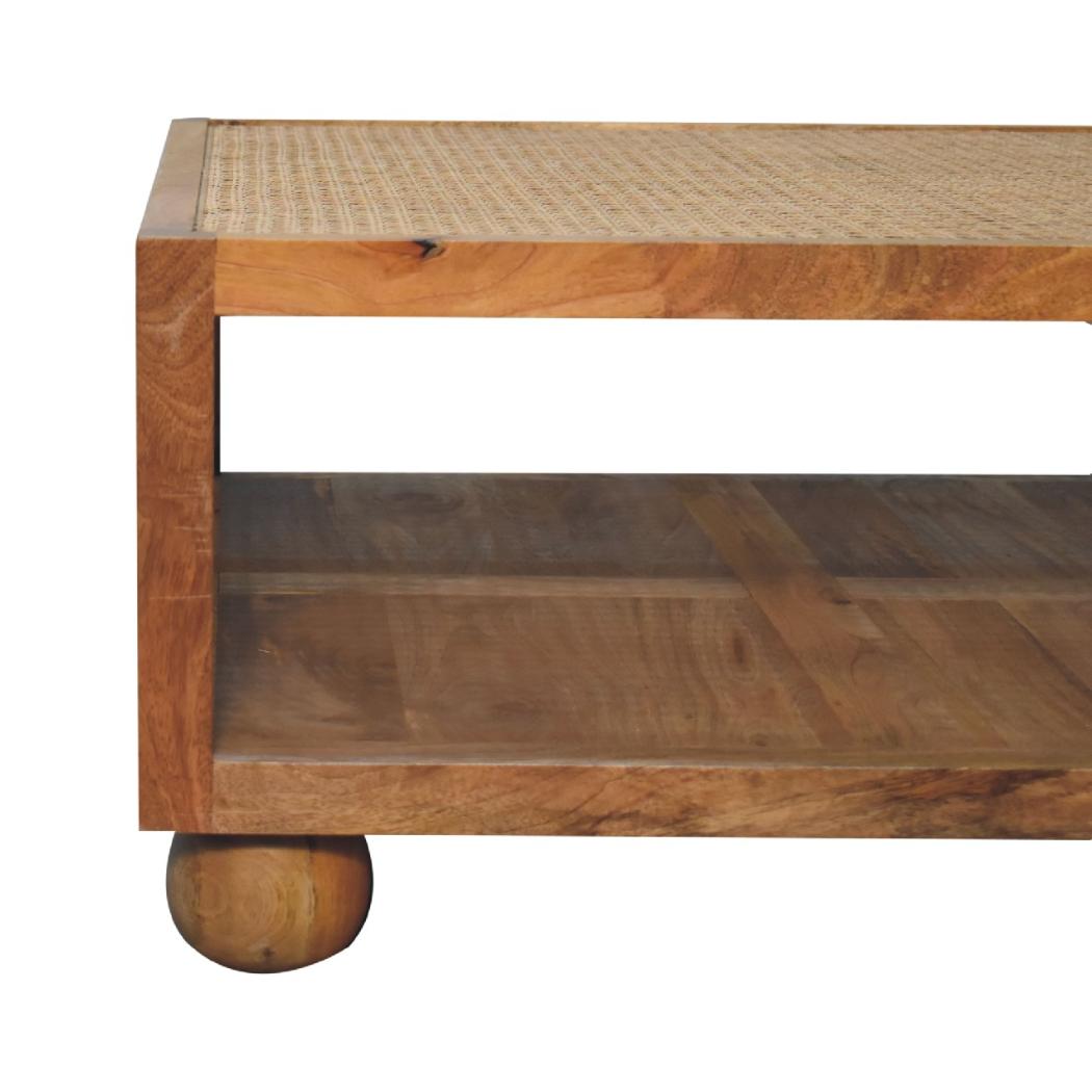 Larissa Large Rattan Coffee Table | Solid Mango Wood | Oak Finish | Open Shelf Coffee Table
