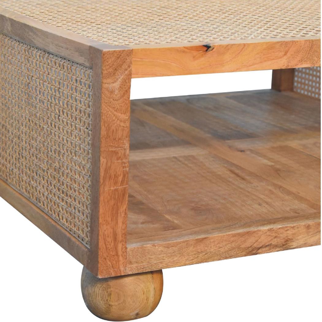 Larissa Large Rattan Coffee Table | Solid Mango Wood | Oak Finish | Open Shelf Coffee Table