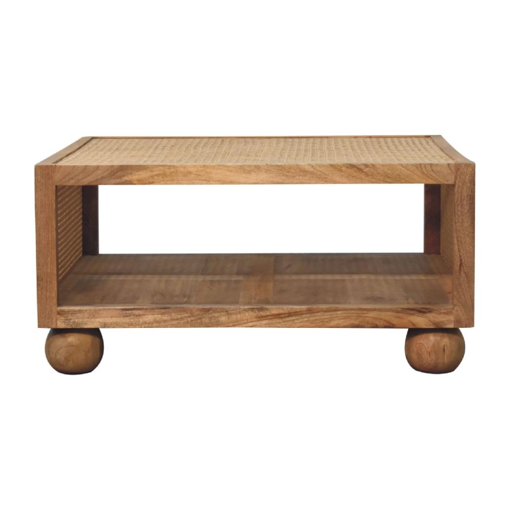 Larissa Large Rattan Coffee Table | Solid Mango Wood | Oak Finish | Open Shelf Coffee Table