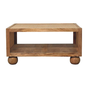Larissa Large Rattan Coffee Table | Solid Mango Wood | Oak Finish | Open Shelf Coffee Table