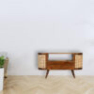 Tapered Bone Inlay Bedside Table | Solid Mango Wood | Oak Finish | Drawer & Shelf