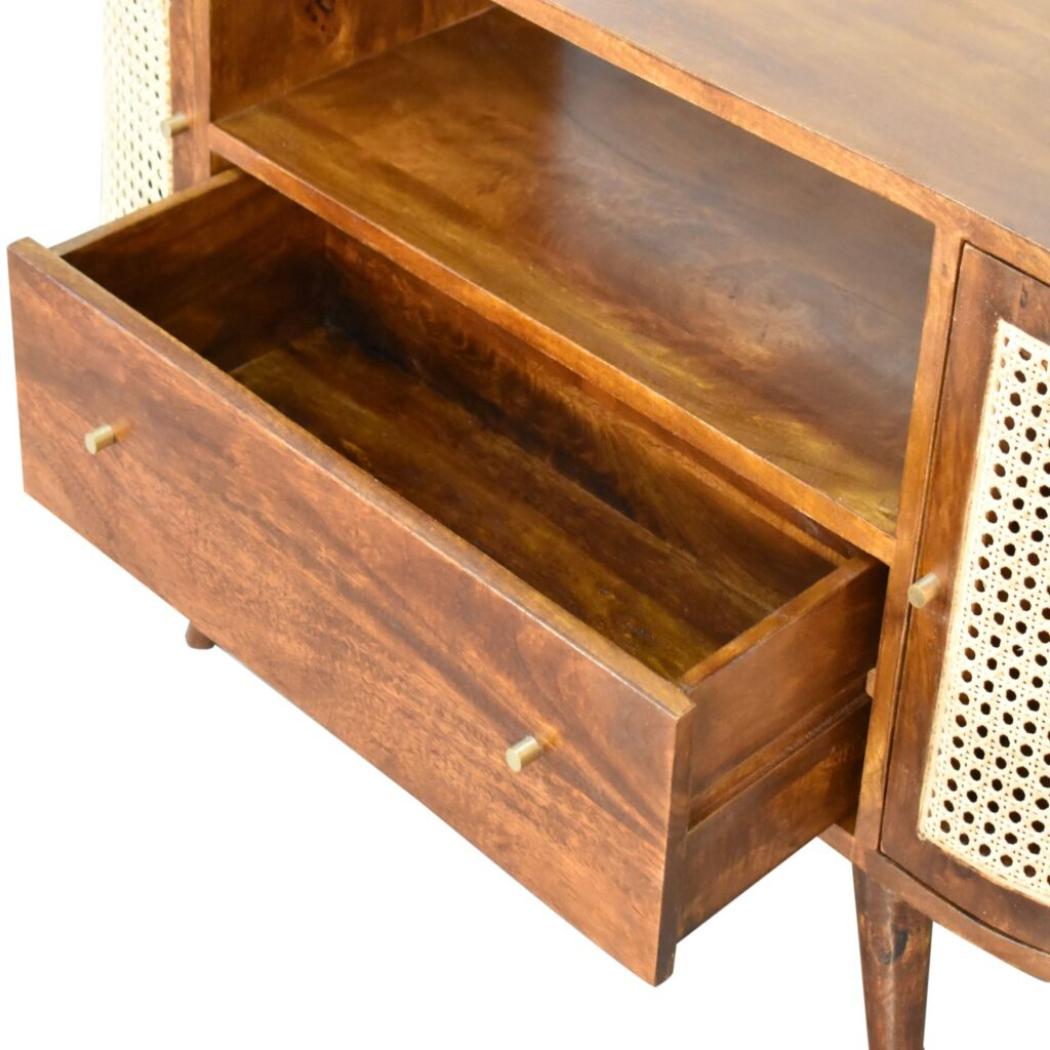 Tapered Bone Inlay Bedside Table | Solid Mango Wood | Oak Finish | Drawer & Shelf