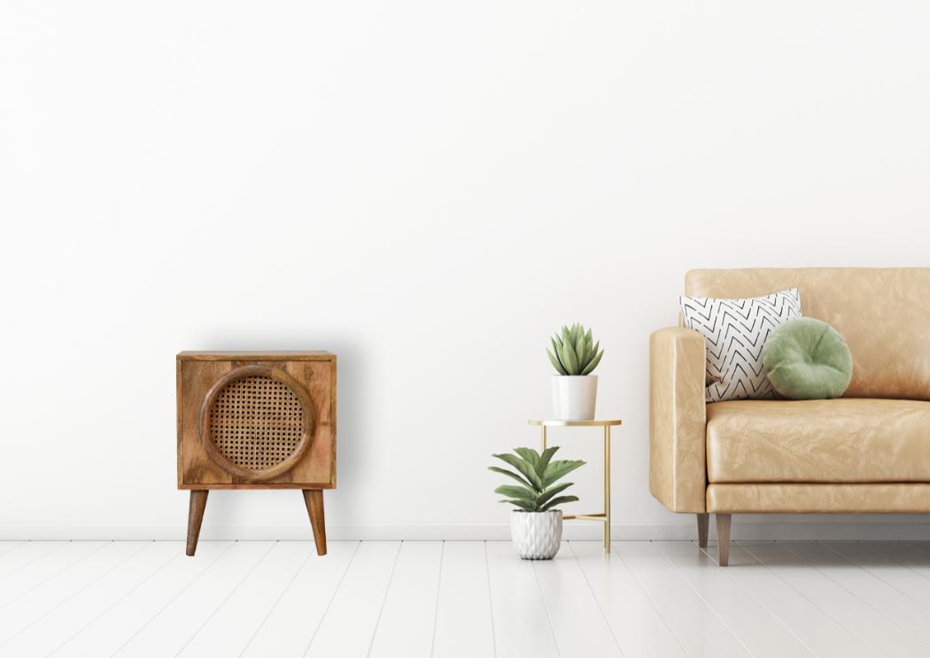 Larissa Rattan Door Bedside | Solid Mango Wood | Oak Finish | Nordic Legs