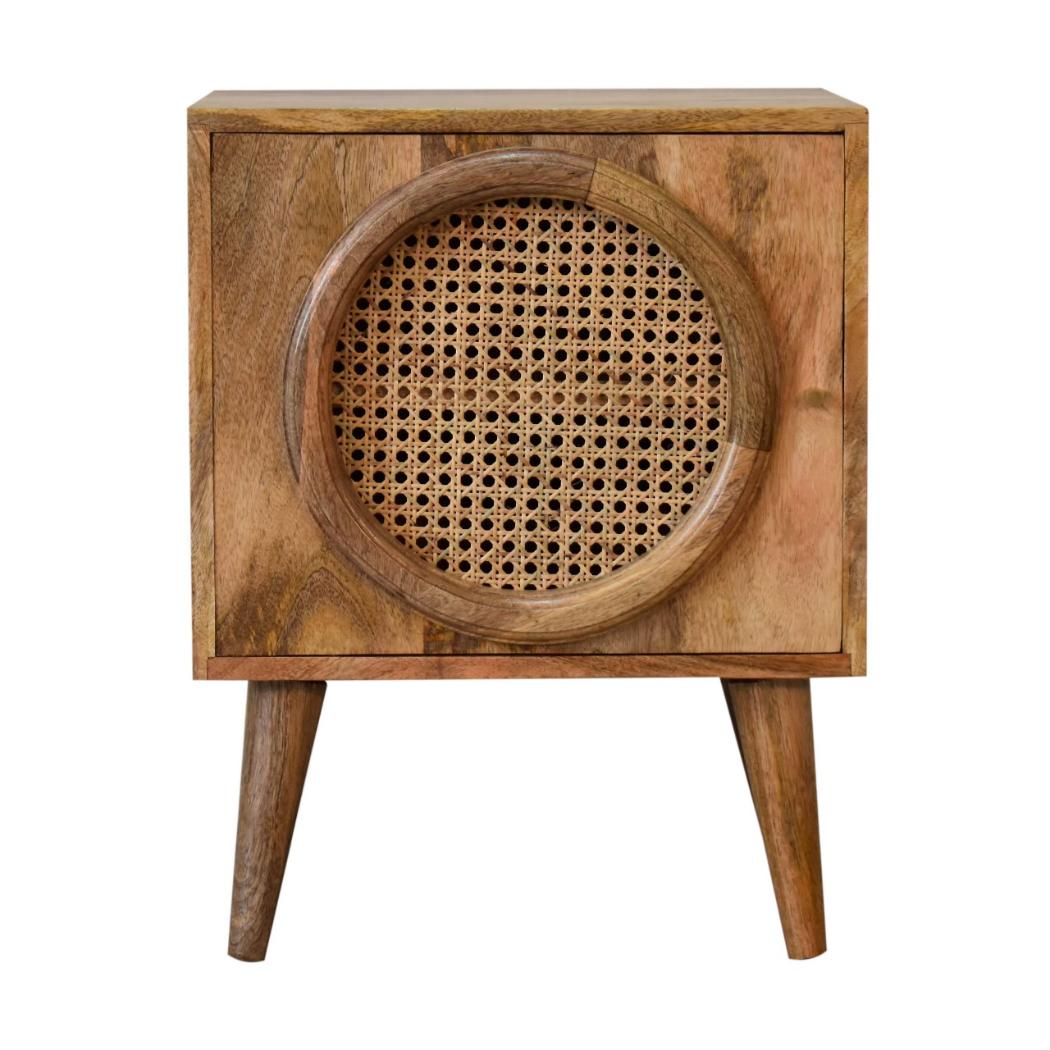Larissa Rattan Door Bedside | Solid Mango Wood | Oak Finish | Nordic Legs