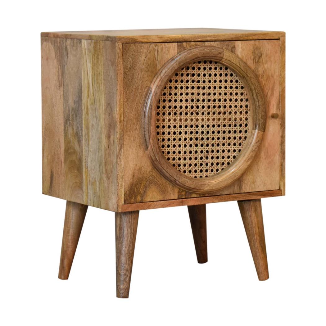 Larissa Rattan Door Bedside | Solid Mango Wood | Oak Finish | Nordic Legs