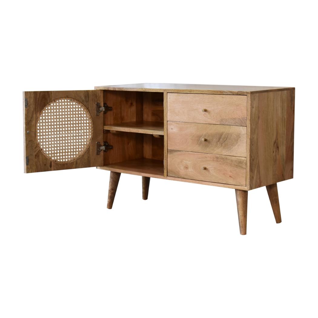 Larissa Rattan Sideboard | Solid Mango Wood | Oak Finish | 3 Drawers