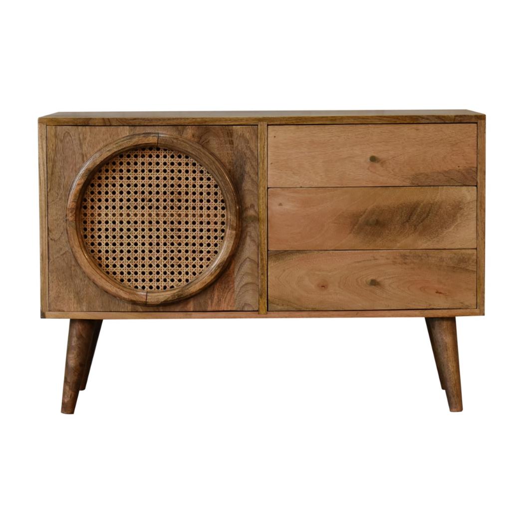 Larissa Rattan Sideboard | Solid Mango Wood | Oak Finish | 3 Drawers