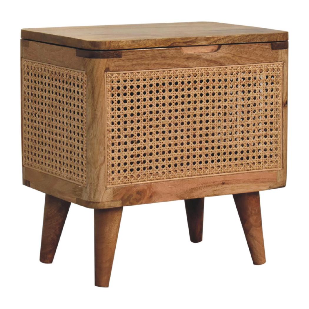 Larissa Rattan Storage Stool | Solid Mango Wood | Oak Finish | Lift-Up Lid Storage Seat