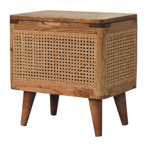 Larissa Rattan Storage Stool | Solid Mango Wood | Oak Finish | Lift-Up Lid Storage Seat