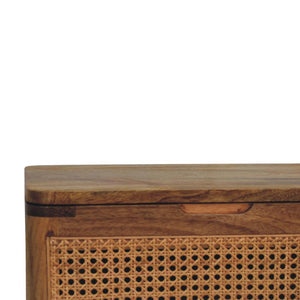 Larissa Rattan Storage Stool | Solid Mango Wood | Oak Finish | Lift-Up Lid Storage Seat