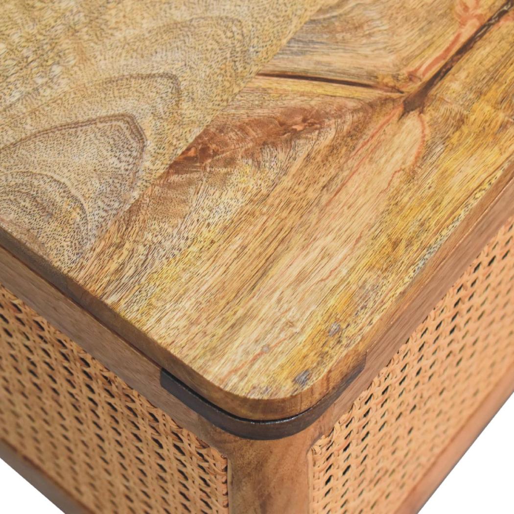 Larissa Rattan Storage Stool | Solid Mango Wood | Oak Finish | Lift-Up Lid Storage Seat