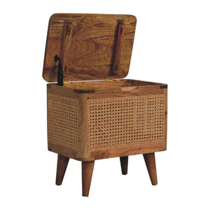 Larissa Rattan Storage Stool | Solid Mango Wood | Oak Finish | Lift-Up Lid Storage Seat
