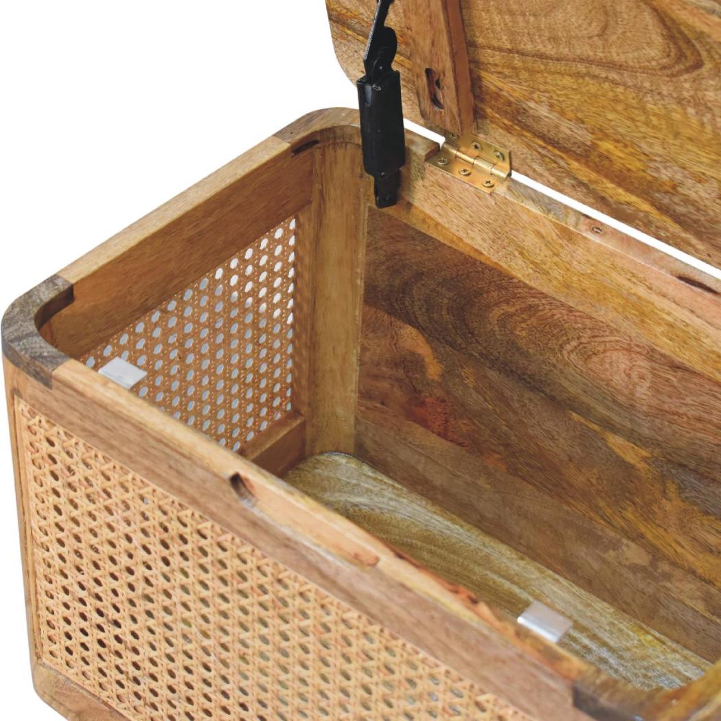 Larissa Rattan Storage Stool | Solid Mango Wood | Oak Finish | Lift-Up Lid Storage Seat