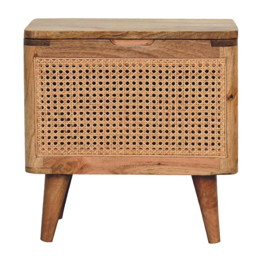 Larissa Rattan Storage Stool | Solid Mango Wood | Oak Finish | Lift-Up Lid Storage Seat