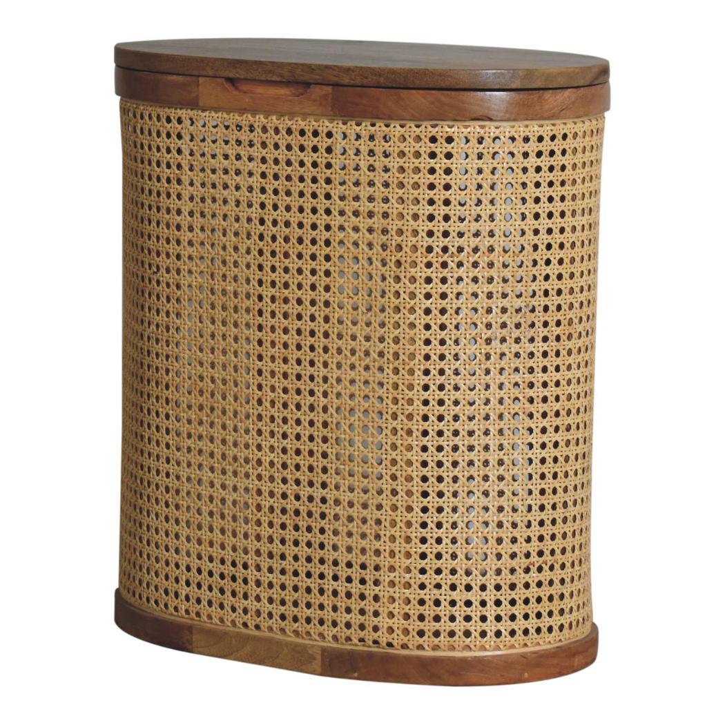 Larissa Round Rattan Storage Stool | Solid Mango Wood | Oak Finish | Lift-Up Lid Seat