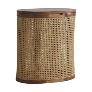 Larissa Round Rattan Storage Stool | Solid Mango Wood | Oak Finish | Lift-Up Lid Seat
