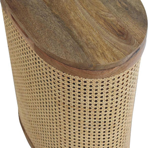 Larissa Round Rattan Storage Stool | Solid Mango Wood | Oak Finish | Lift-Up Lid Seat