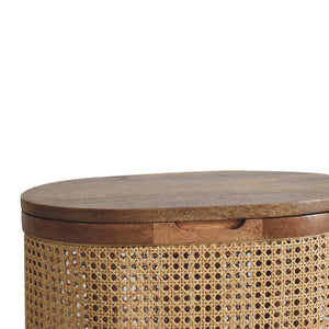 Larissa Round Rattan Storage Stool | Solid Mango Wood | Oak Finish | Lift-Up Lid Seat