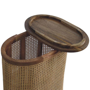 Larissa Round Rattan Storage Stool | Solid Mango Wood | Oak Finish | Lift-Up Lid Seat