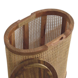 Larissa Round Rattan Storage Stool | Solid Mango Wood | Oak Finish | Lift-Up Lid Seat