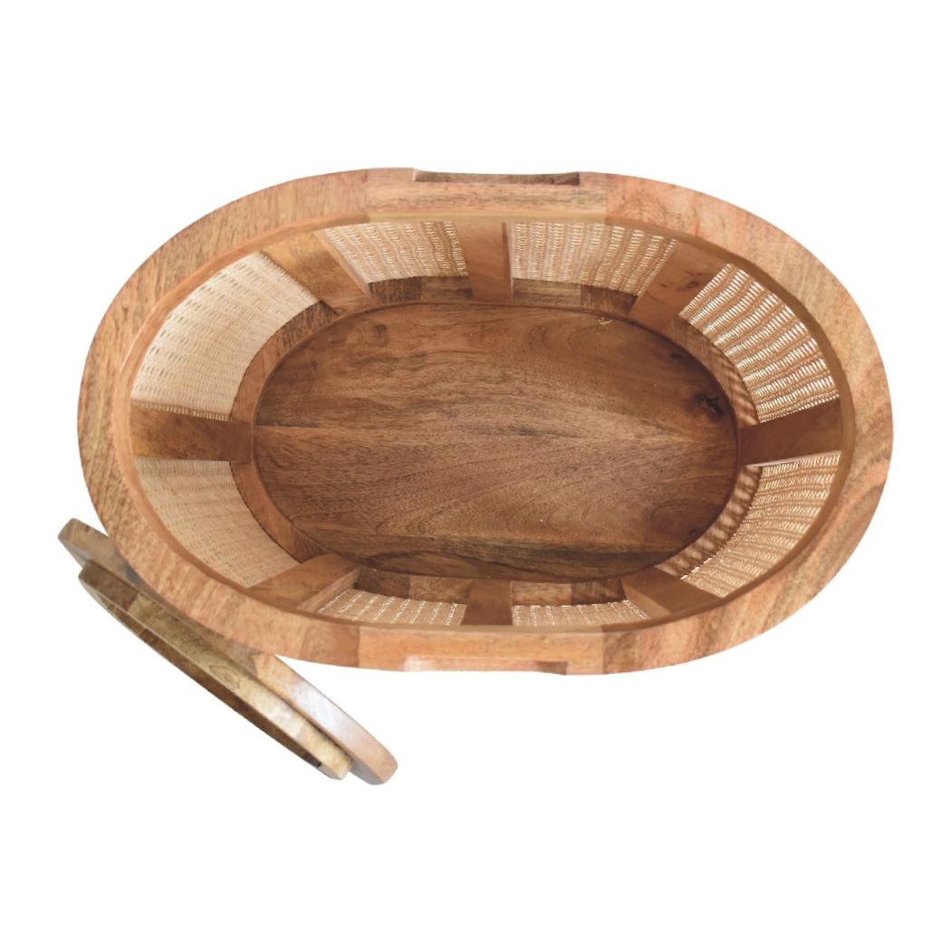 Larissa Round Rattan Storage Stool | Solid Mango Wood | Oak Finish | Lift-Up Lid Seat