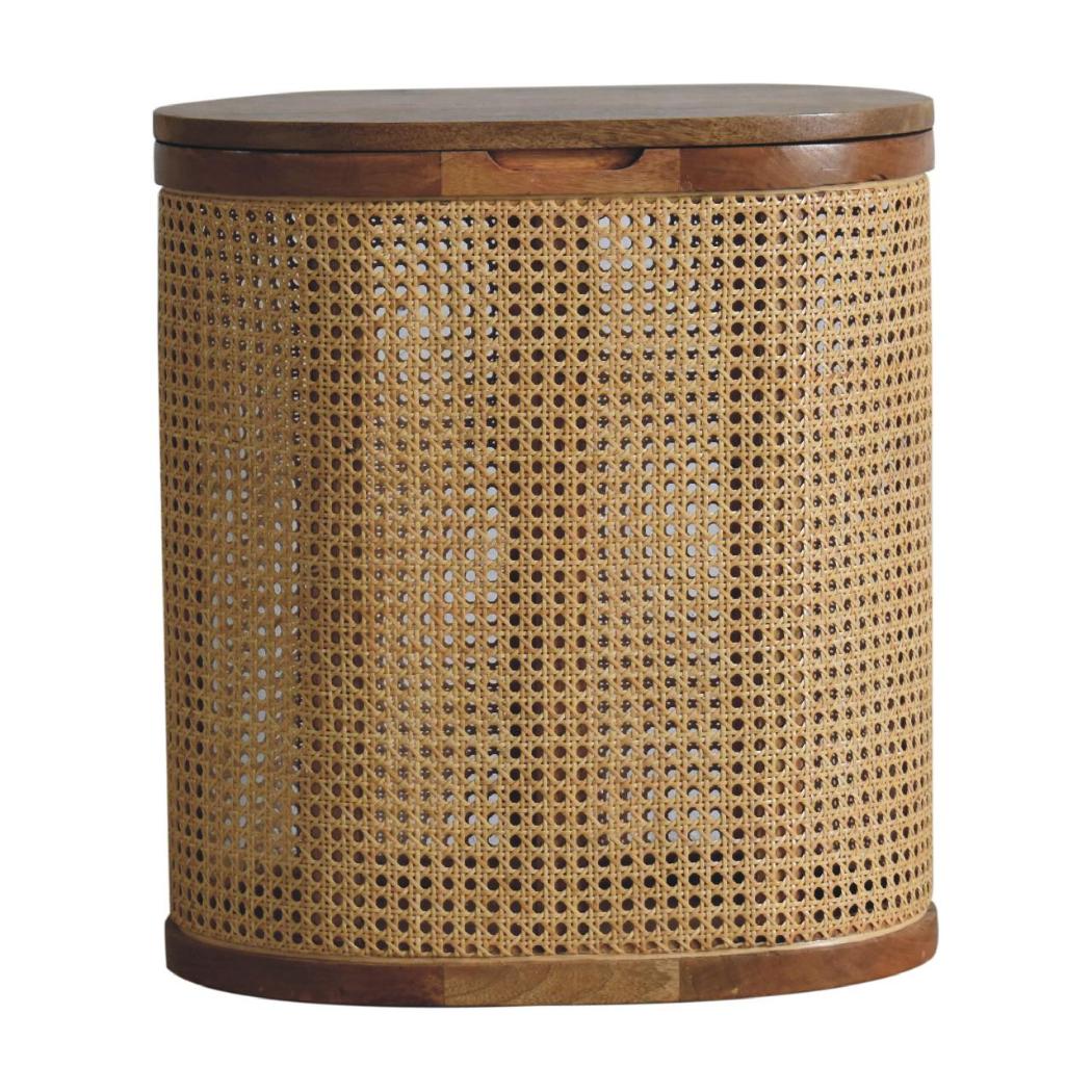 Larissa Round Rattan Storage Stool | Solid Mango Wood | Oak Finish | Lift-Up Lid Seat