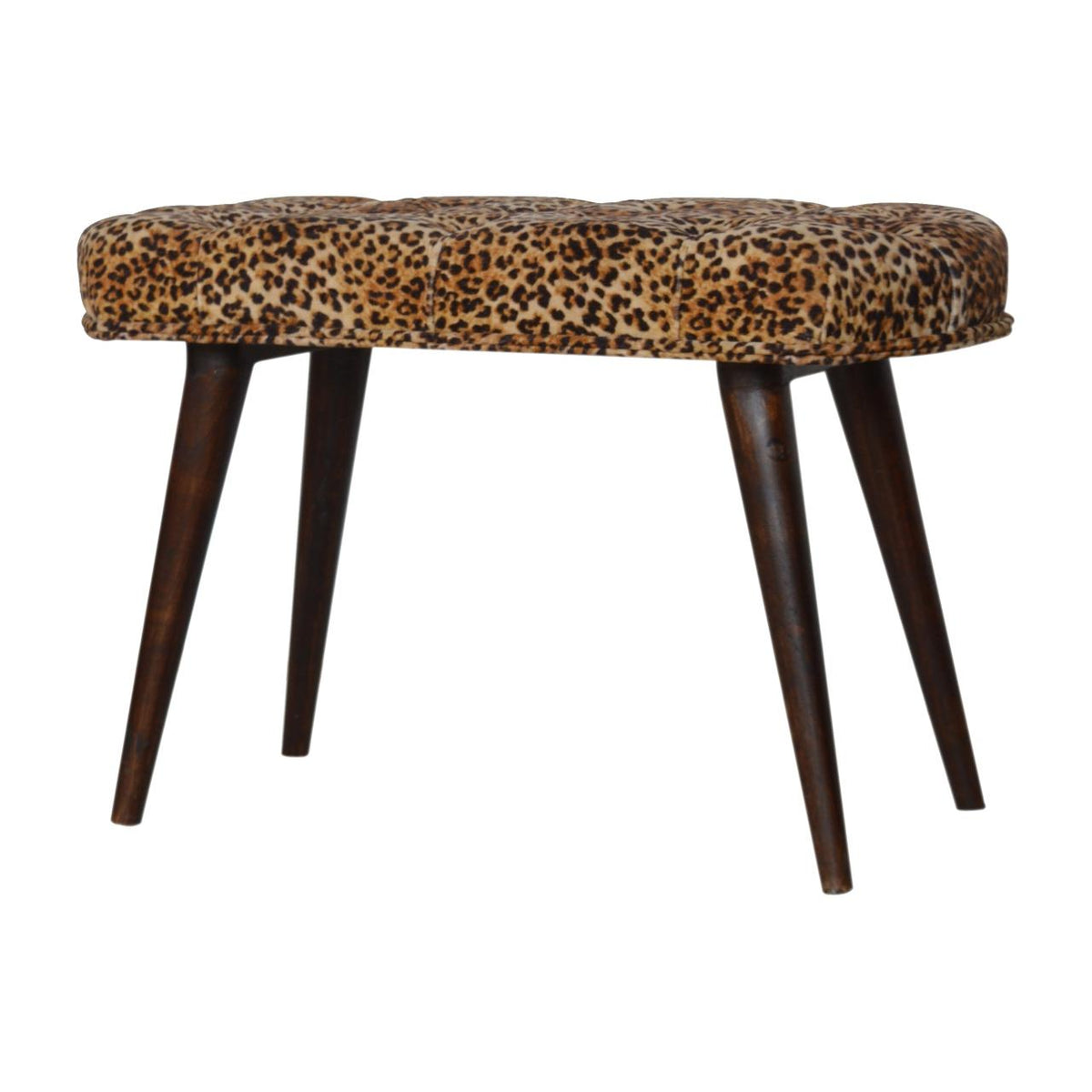 Leopard Print Deep Button Bench | Upholstered Seat | Solid Mango Wood Frame | Statement Seating