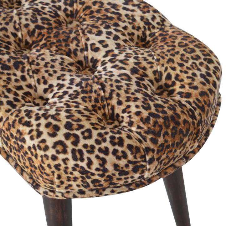 Leopard Print Deep Button Bench | Upholstered Seat | Solid Mango Wood Frame | Statement Seating