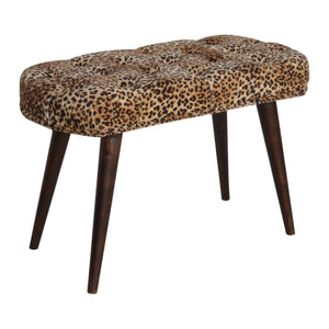 Leopard Print Deep Button Bench | Upholstered Seat | Solid Mango Wood Frame | Statement Seating