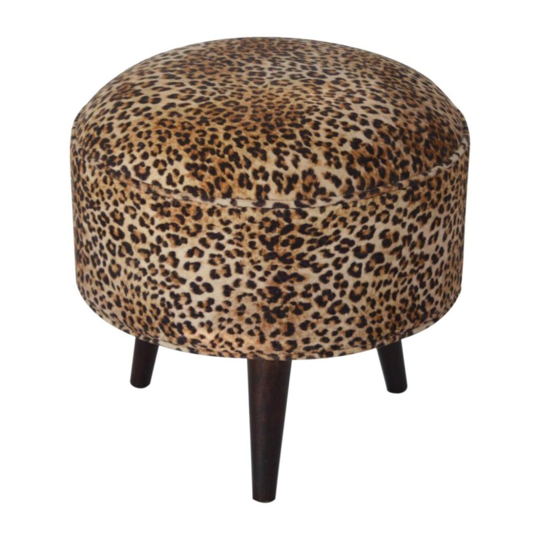 Leopard Print Footstool | Upholstered Seat | Nordic Style Legs | Compact Accent Stool