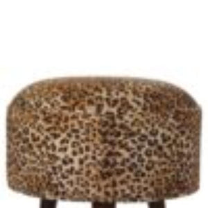 Leopard Print Footstool | Upholstered Seat | Nordic Style Legs | Compact Accent Stool