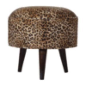 Leopard Print Footstool | Upholstered Seat | Nordic Style Legs | Compact Accent Stool