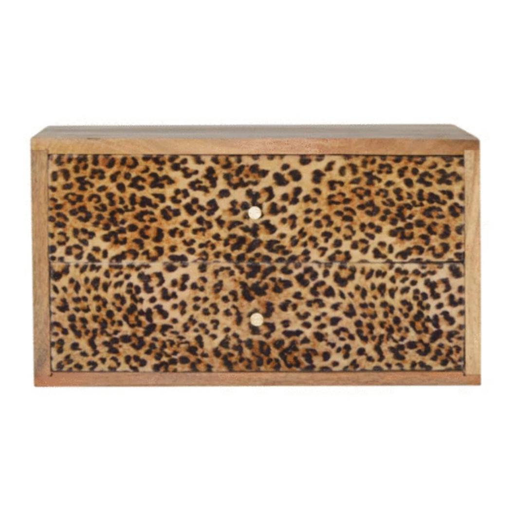 Leopard Print Wall-Mounted Bedside Table | Solid Mango Wood | Statement Storage