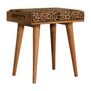 Leopard Velvet Tray Footstool | Solid Mango Wood | Upholstered Seat | Nordic Style