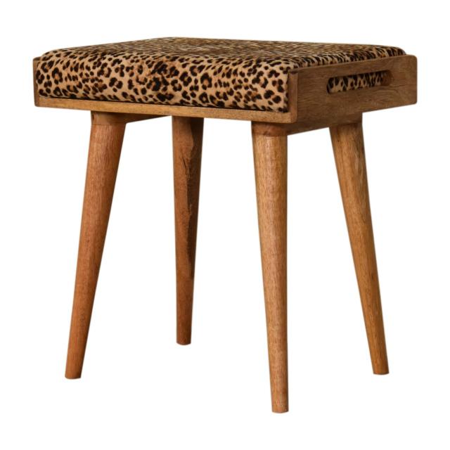 Leopard Velvet Tray Footstool | Solid Mango Wood | Upholstered Seat | Nordic Style