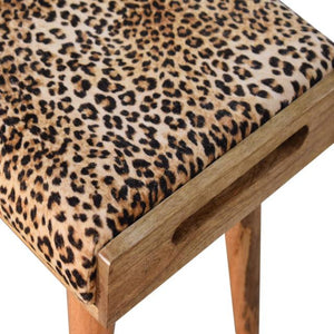 Leopard Velvet Tray Footstool | Solid Mango Wood | Upholstered Seat | Nordic Style