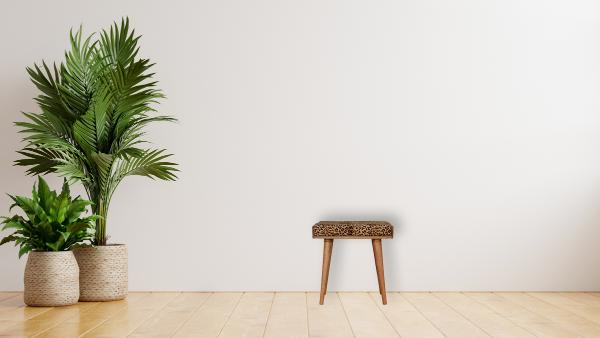 Leopard Velvet Tray Footstool | Solid Mango Wood | Upholstered Seat | Nordic Style
