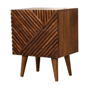 Lille Carved Bedside Table | Solid Mango Wood | Oak Finish | 2 Drawers