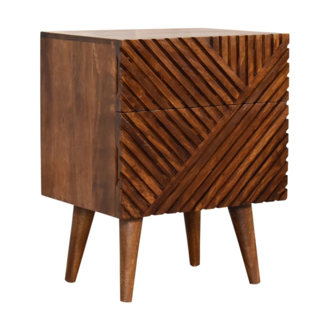 Lille Carved Bedside Table | Solid Mango Wood | Oak Finish | 2 Drawers