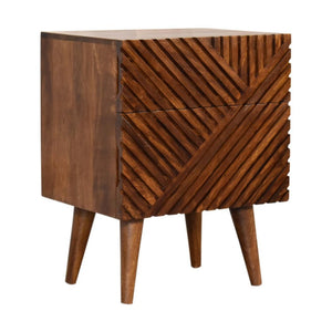 Lille Carved Bedside Table | Solid Mango Wood | Oak Finish | 2 Drawers