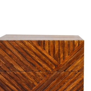 Lille Carved Bedside Table | Solid Mango Wood | Oak Finish | 2 Drawers