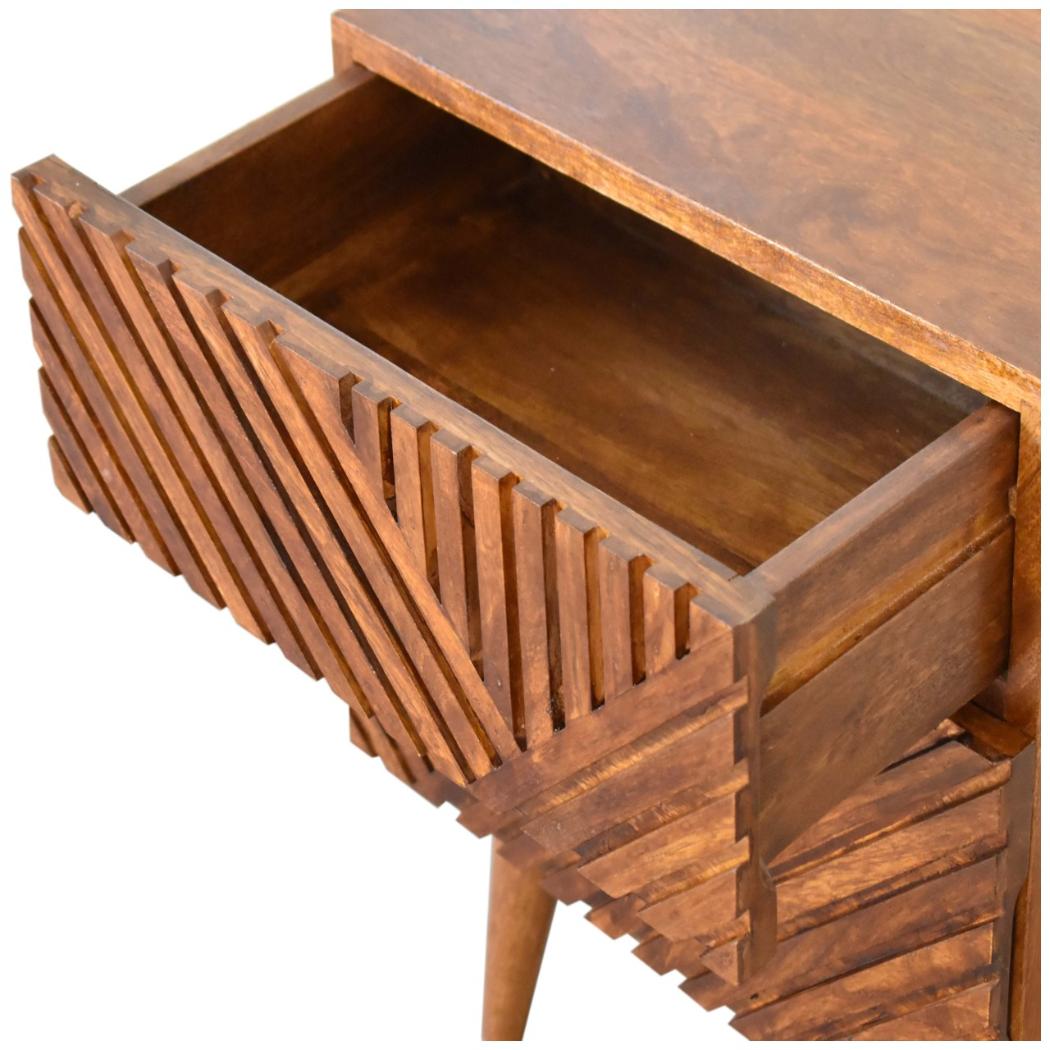 Lille Carved Bedside Table | Solid Mango Wood | Oak Finish | 2 Drawers
