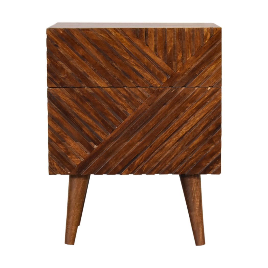 Lille Carved Bedside Table | Solid Mango Wood | Oak Finish | 2 Drawers