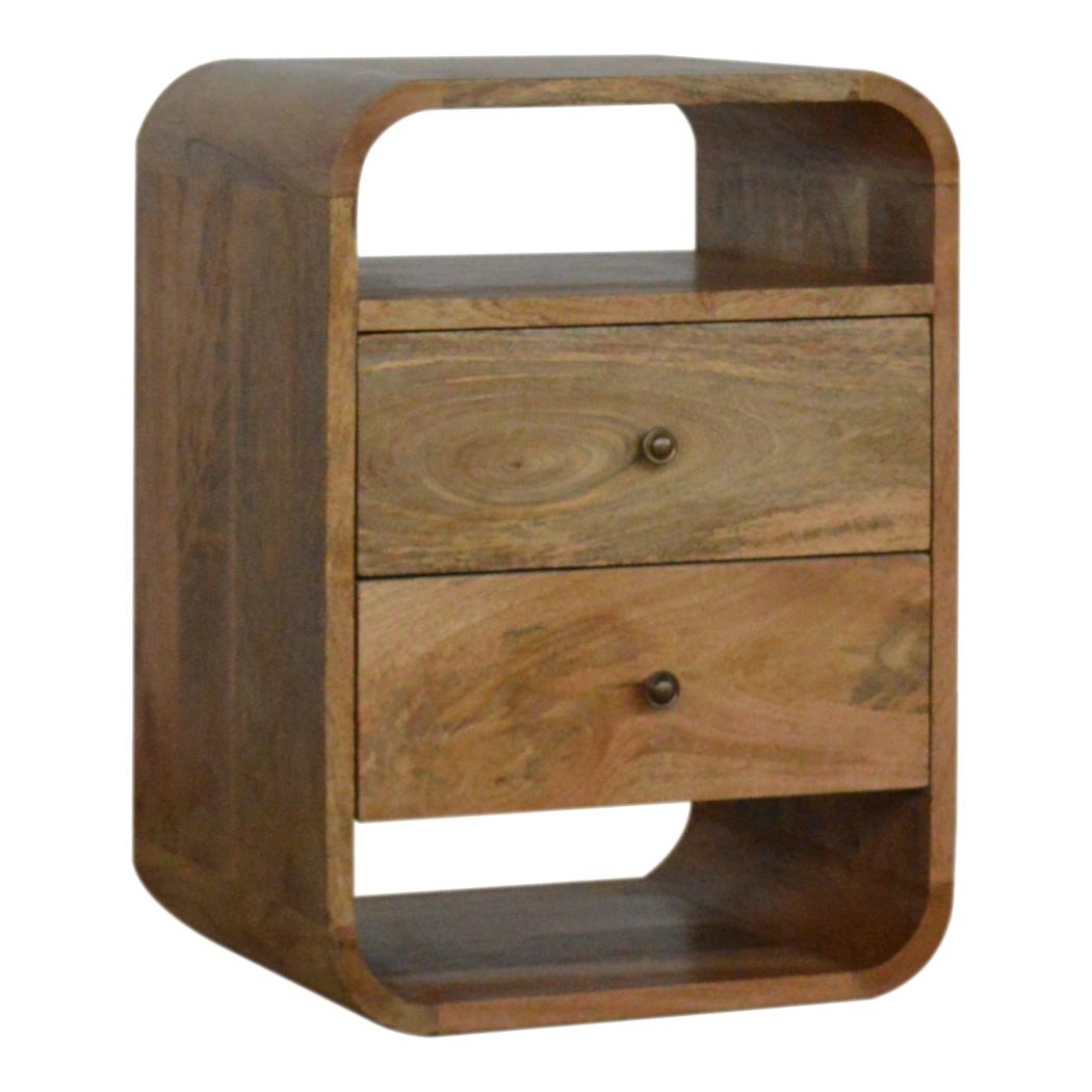 London Bedside Table | Solid Mango Wood | Oak Finish | 2 Drawer Bedroom Nightstand with Open Shelves